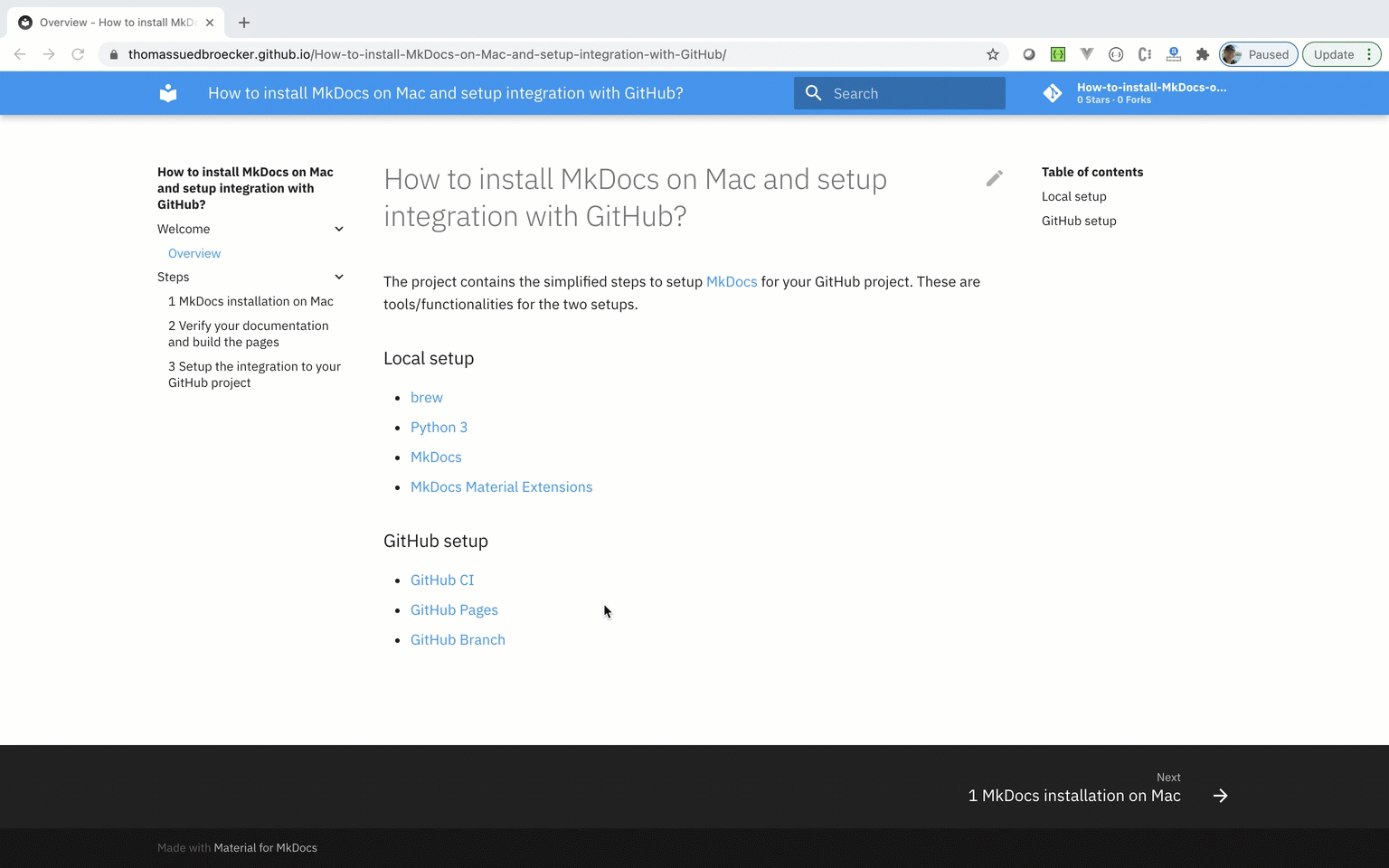 How to install MkDocs on Mac and setup the integration to GitHub pages ...