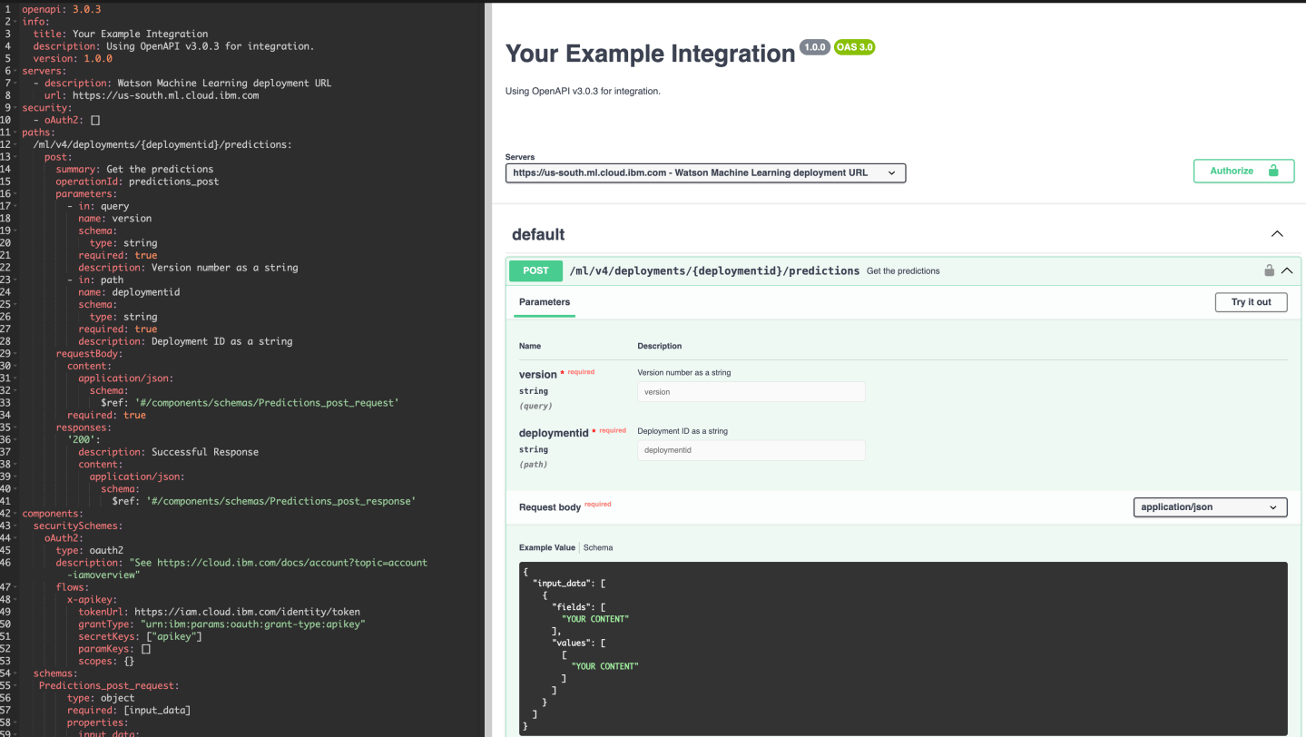 How to define a custom Open API specification for a Watson Machine ...