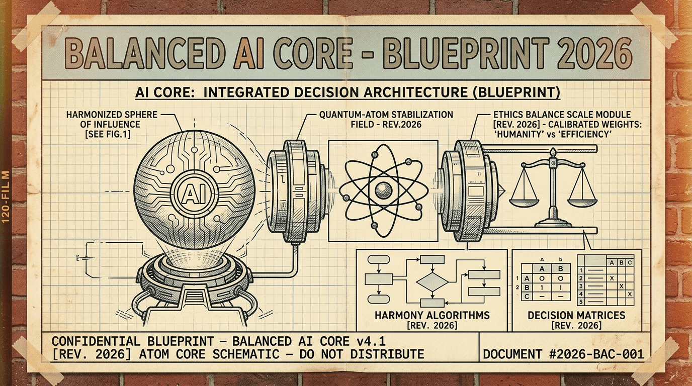 Schematic of Balanced AI Core showing harmonized sphere, quantum-atom stabilization field, ethics balance scale, harmony algorithms, and decision matrices