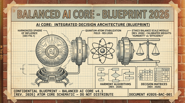 Schematic of Balanced AI Core showing harmonized sphere, quantum-atom stabilization field, ethics balance scale, harmony algorithms, and decision matrices