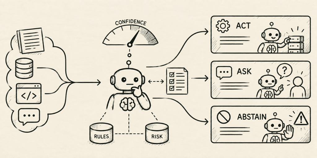 A flowchart illustrating a robot making decisions based on confidence levels. It shows a process where data leads to three options: ACT, ASK, or ABSTAIN, alongside visual representations of a robot and associated icons for each action.