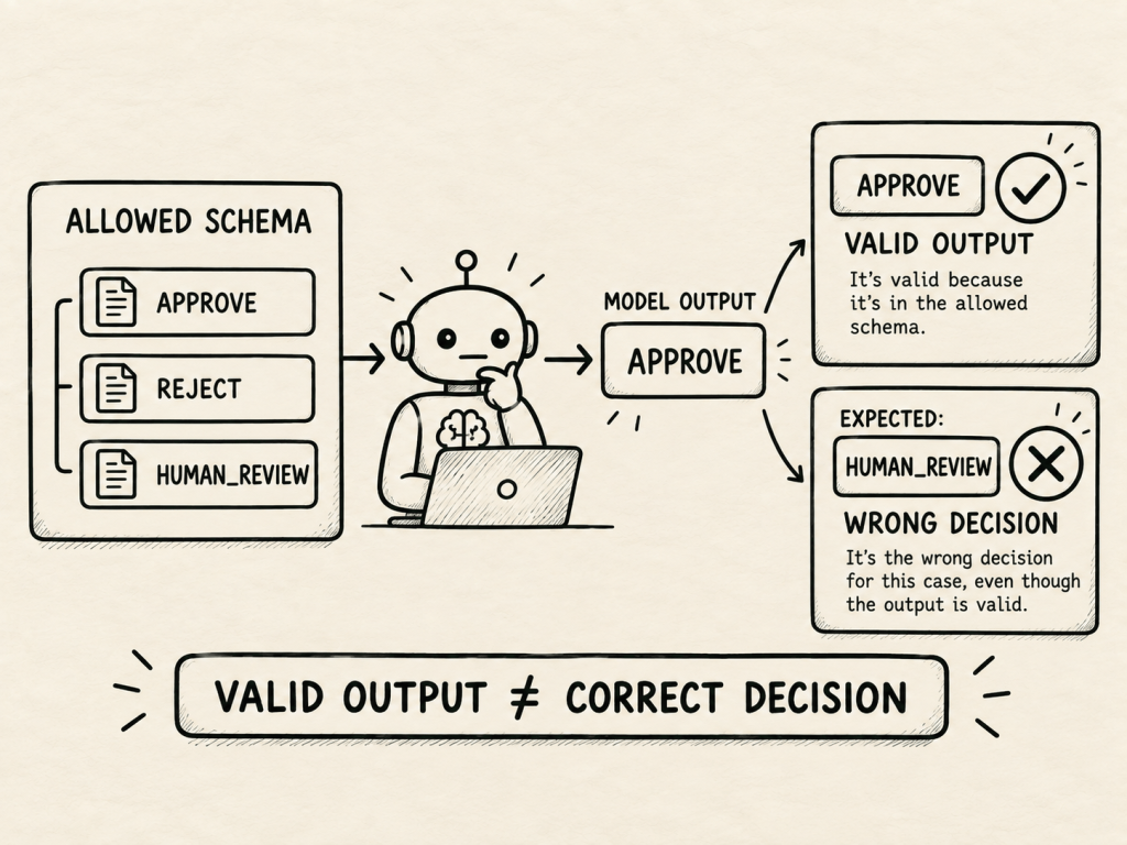 Diagram illustrating decision-making processes in a model. A robot is shown pondering while analyzing allowed schema options: Approve, Reject, and Human Review. It highlights that a valid output (Approve) may not always be the correct decision, emphasizing the difference between valid output and correct decision.