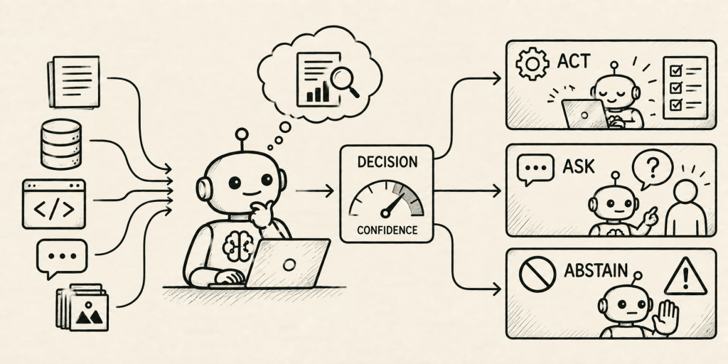 An illustration depicting a robot contemplating decision-making. On the left, various data sources like documents, databases, and code are shown feeding into the robot, who is analyzing information on a laptop. The robot then faces three options based on a confidence meter: to act, to ask for clarification, or to abstain from making a decision.
