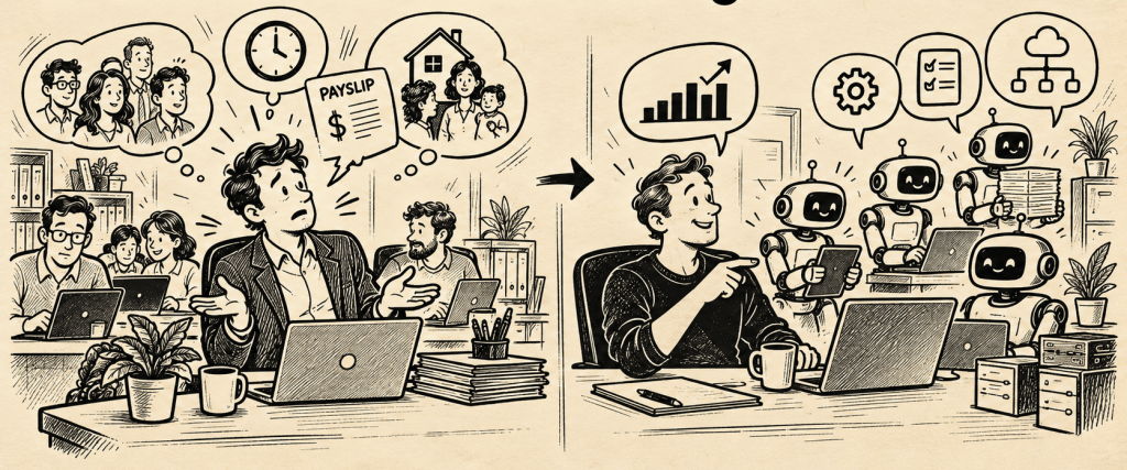 An office scene split into two panels. On the left, a man is stressed, surrounded by coworkers, thinking about family and finances. On the right, the same man is relaxed, working alongside friendly robots that assist him, with symbols of growth and productivity.