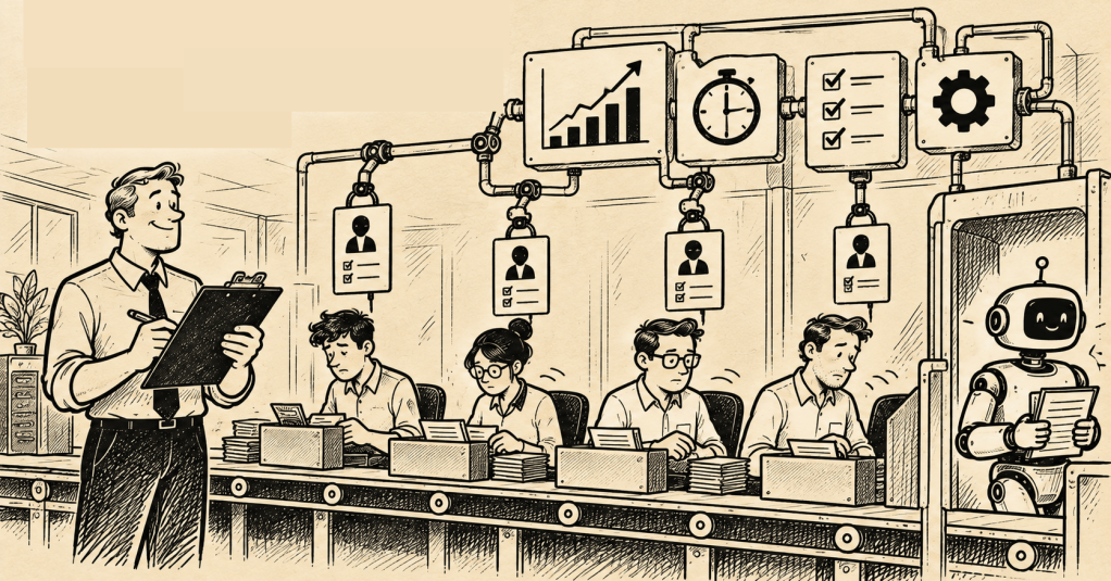 An office scene with a supervisor holding a clipboard, overseeing workers at desks who are processing documents. Above them are various indicators including charts and checklists, and a robot is also handling paperwork.