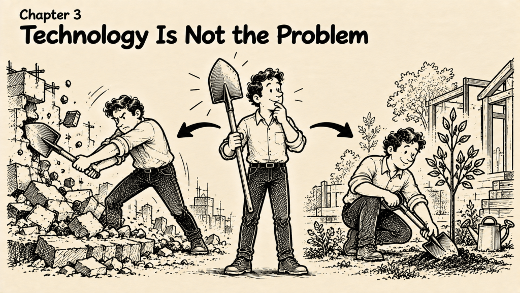 Illustration depicting a person progressing through stages of technology use: breaking down obstacles, contemplating, and tending to a garden. Text reads 'Chapter 3 Technology Is Not the Problem'.