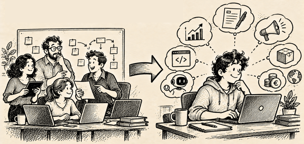 Illustration depicting a collaborative brainstorming session with four people discussing ideas and reviewing documents on a table with laptops, transitioning to a person working alone at a desk, focused on a laptop with various icons representing data analysis, marketing, and e-commerce.